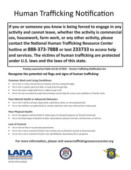 Michigan Human Trafficking Notification Poster