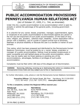 Pennsylvania Public Accommodations Provisions of the Pennsylvania Human Relations Act Poster